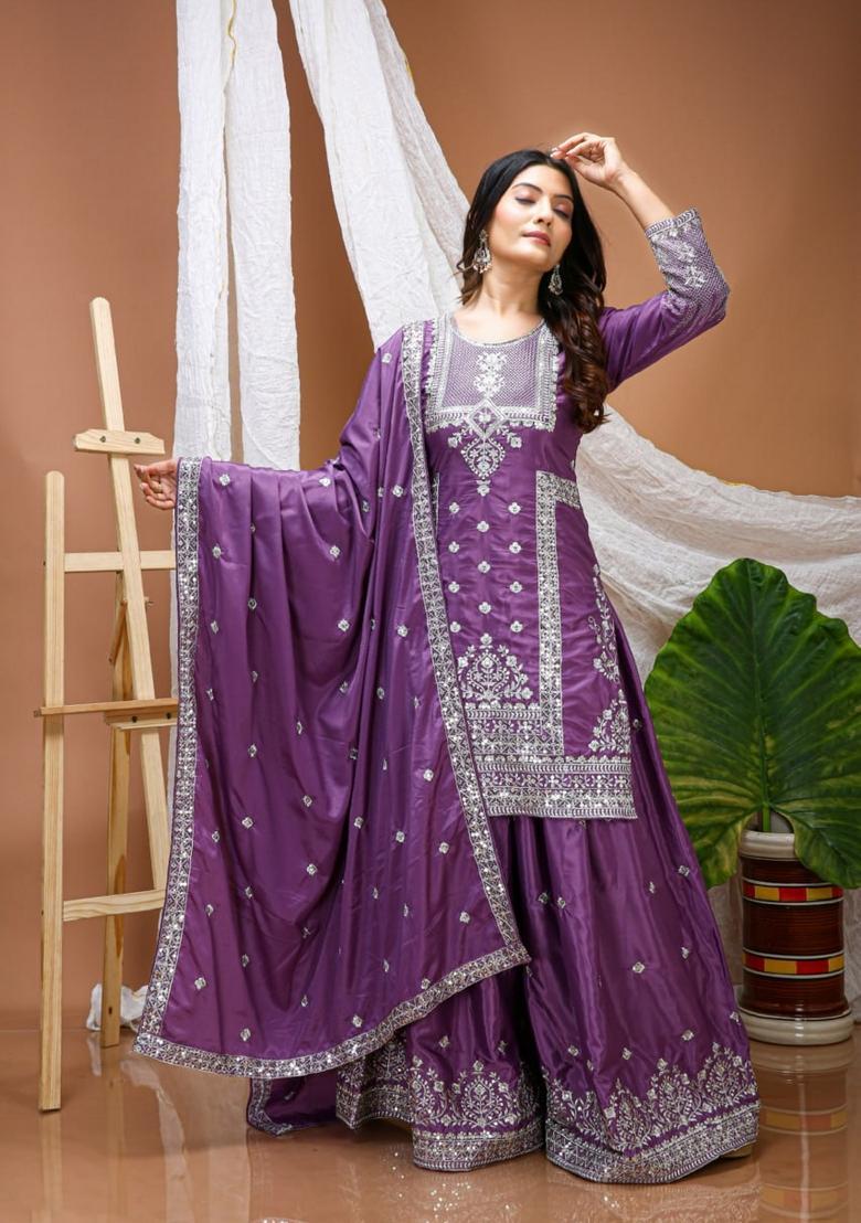 Purple Sequin Work Crepe Kurta Set - Indya