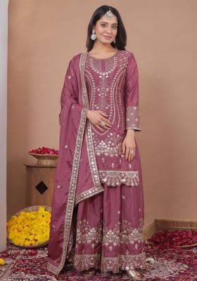 Onion Pink Sequin Work Crepe Kurta Set
