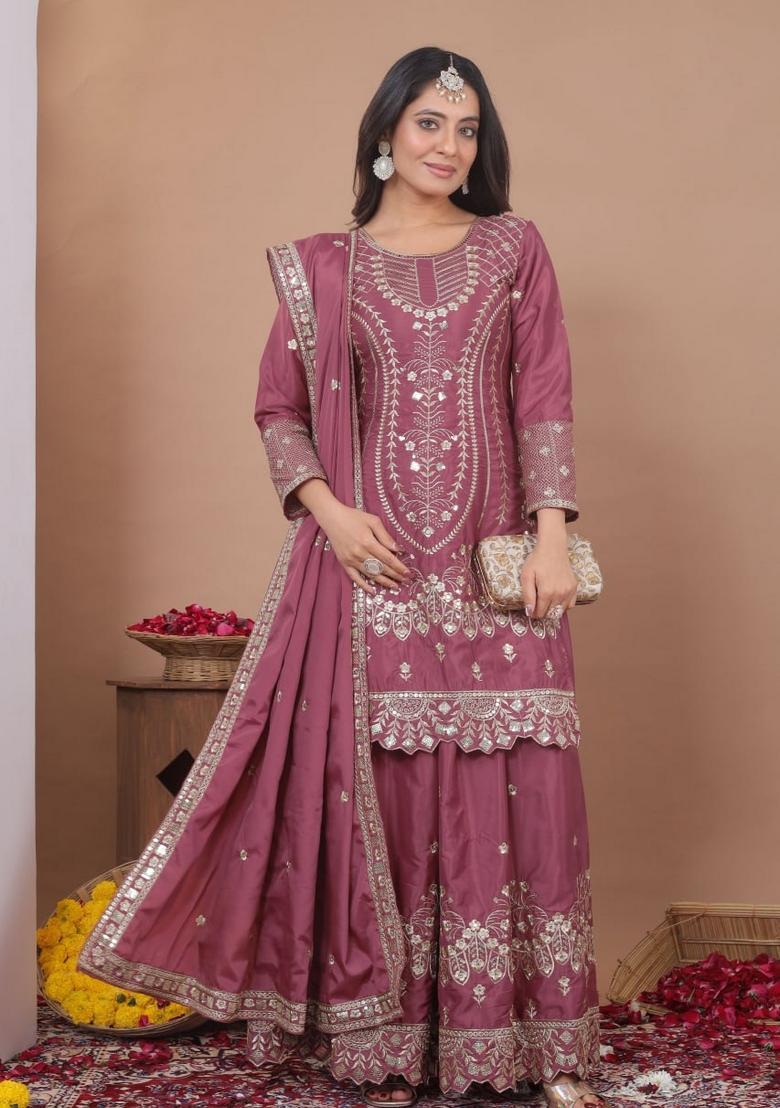 Onion Pink Sequin Work Crepe Kurta Set - Indya