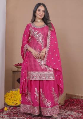 Pink Sequin Work Crepe Kurta Set