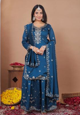 Blue Sequin Work Silk Kurta Set