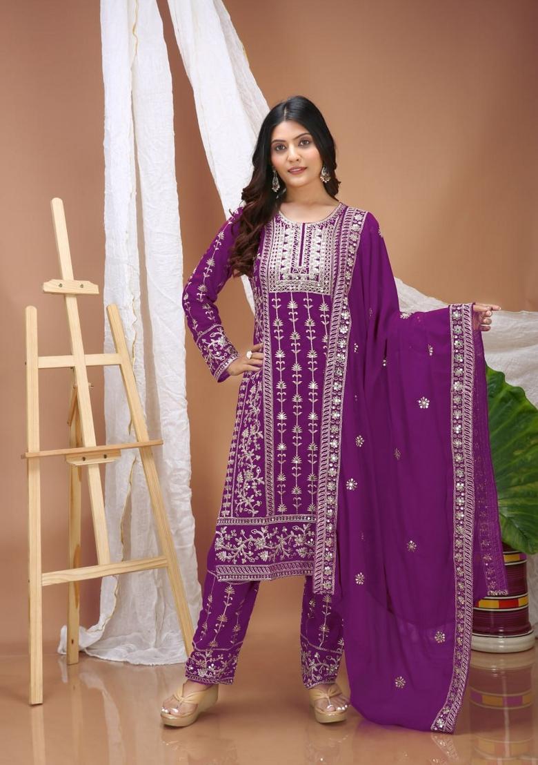 Purple Sequin Work Georgette Kurta Set - Indya