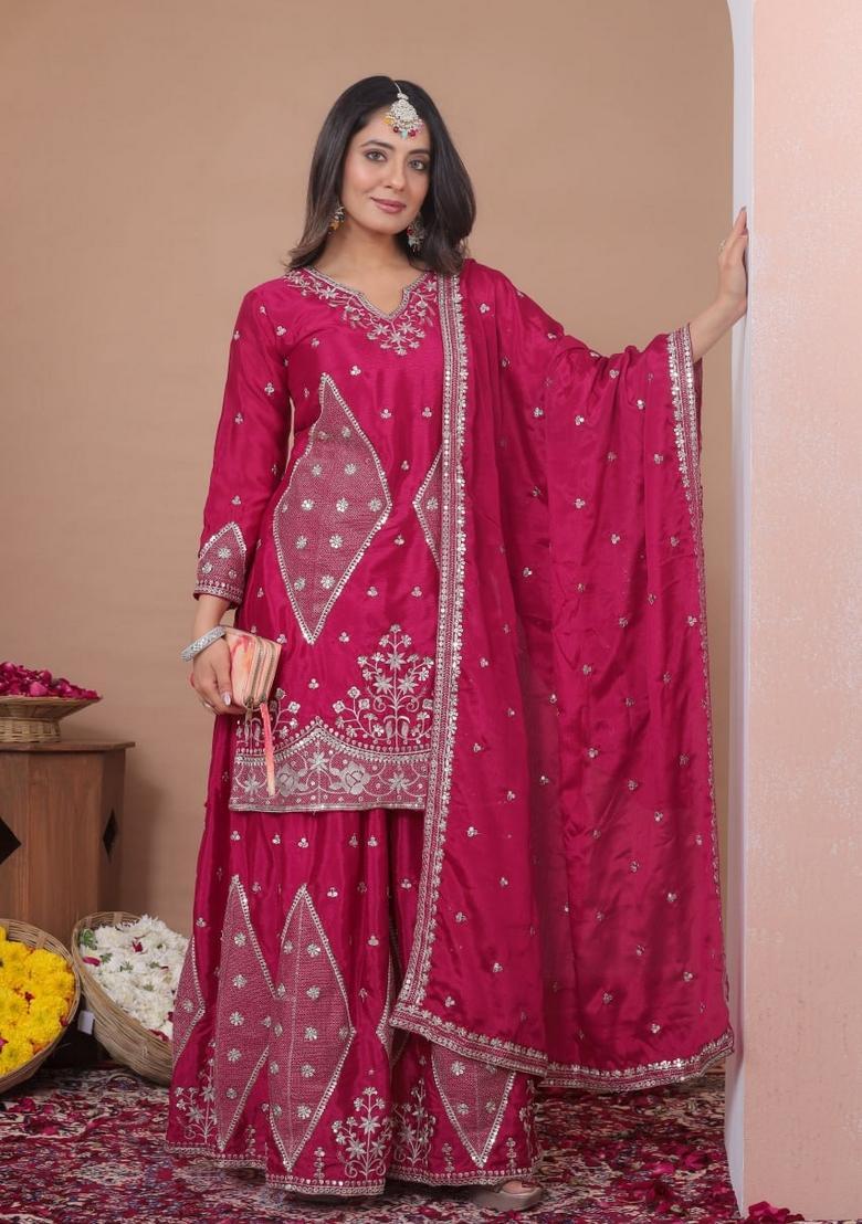 Rani Pink Sequin Work Silk Kurta Set - Indya