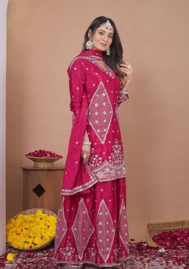 Rani Pink Sequin Work Silk Kurta Set - Indya