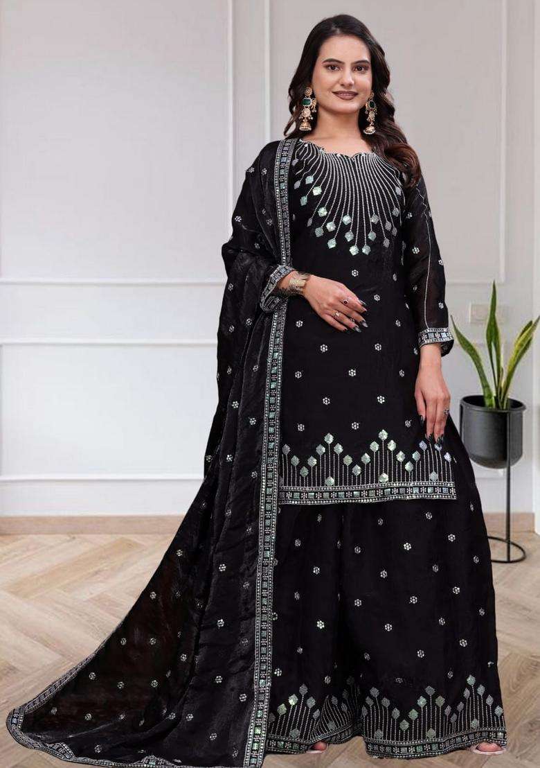 Black Sequin Work Silk Kurta Set - Indya