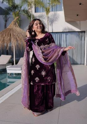 Wine Zari Work Velvet Kurta Set