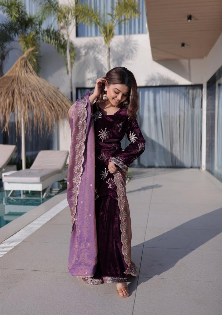 Wine Zari Work Velvet Kurta Set - Indya