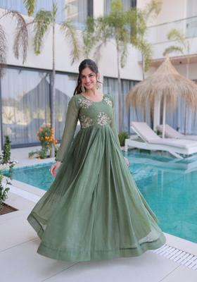 Green Beads Work Silk Gown