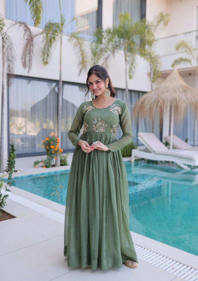 Green Beads Work Silk Gown - Indya