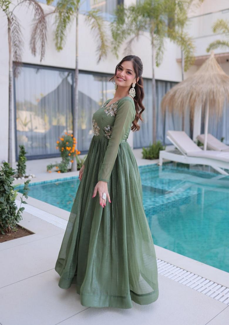Green Beads Work Silk Gown - Indya