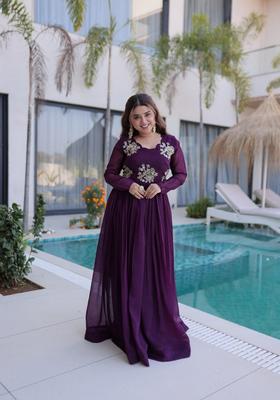 Purple Beads Work Silk Gown