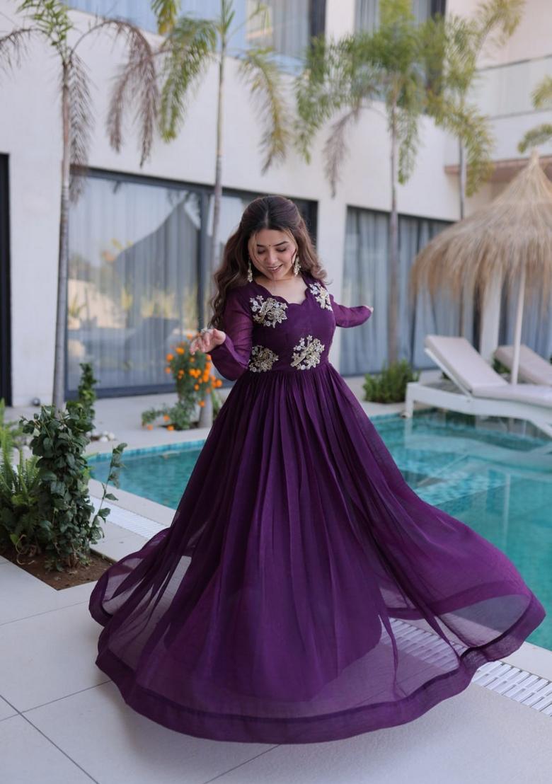 Purple Beads Work Silk Gown - Indya