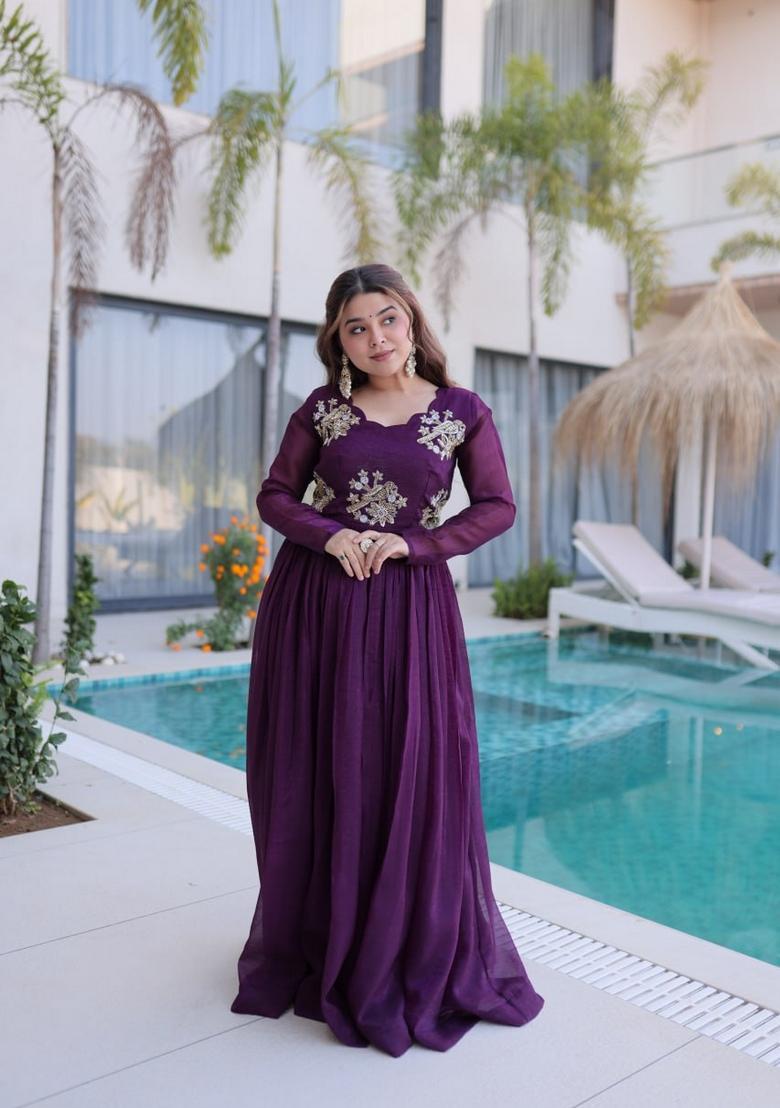 Purple Beads Work Silk Gown - Indya