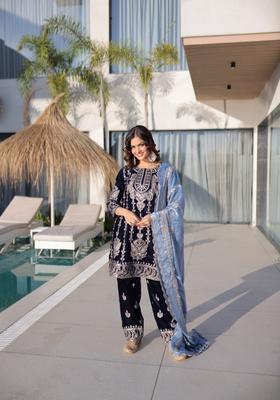 Navy Blue Zari Work Velvet Kurta Set