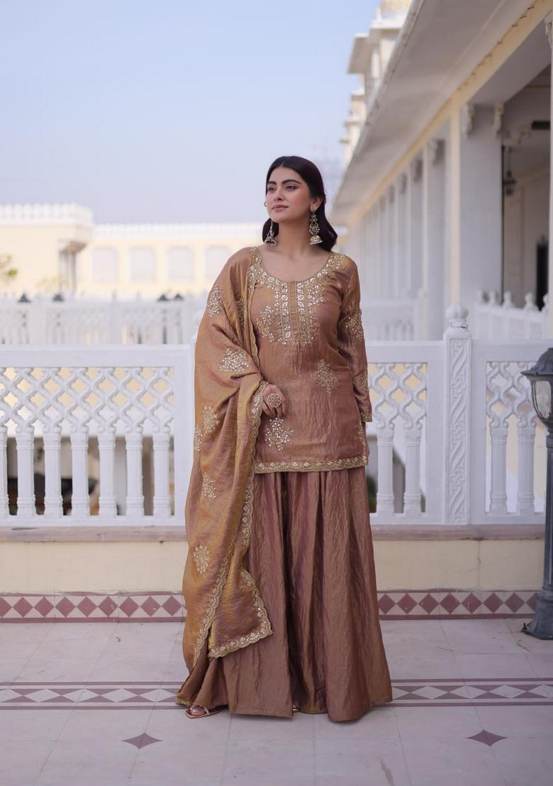 Brown Zari Work Silk Kurta Set - Indya