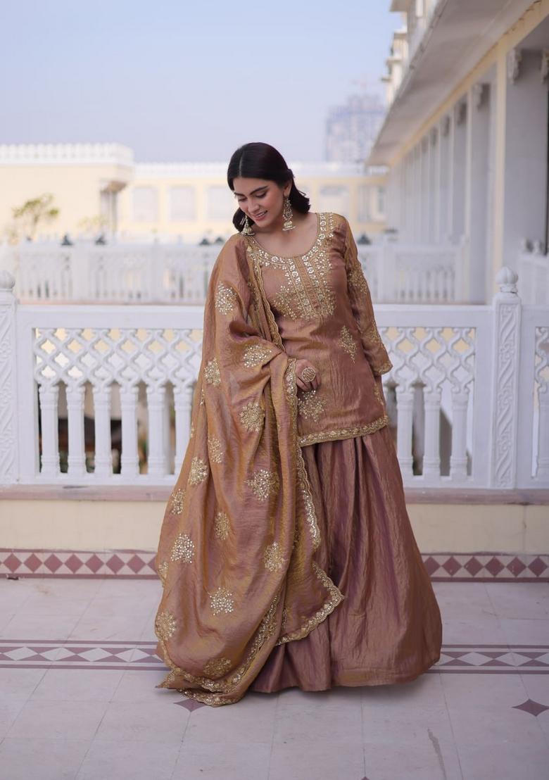 Brown Zari Work Silk Kurta Set - Indya