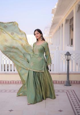 Green Zari Work Silk Kurta Set