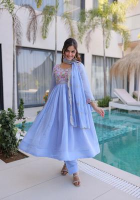 Blue Beads Work Silk Kurta Set
