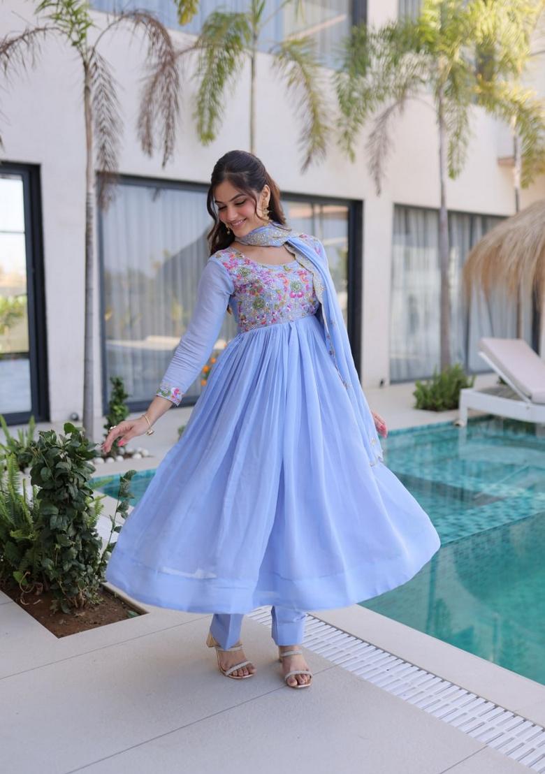 Blue Beads Work Silk Kurta Set - Indya