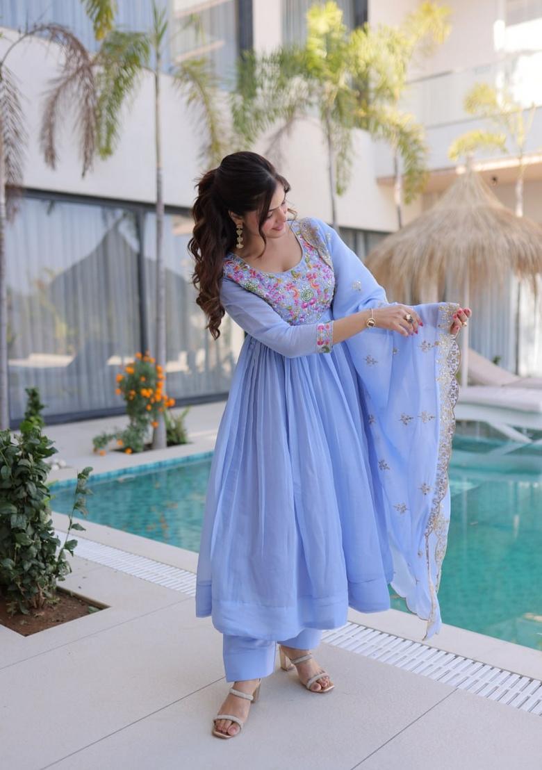 Blue Beads Work Silk Kurta Set - Indya