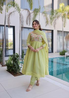 Green Beads Work Silk Kurta Set