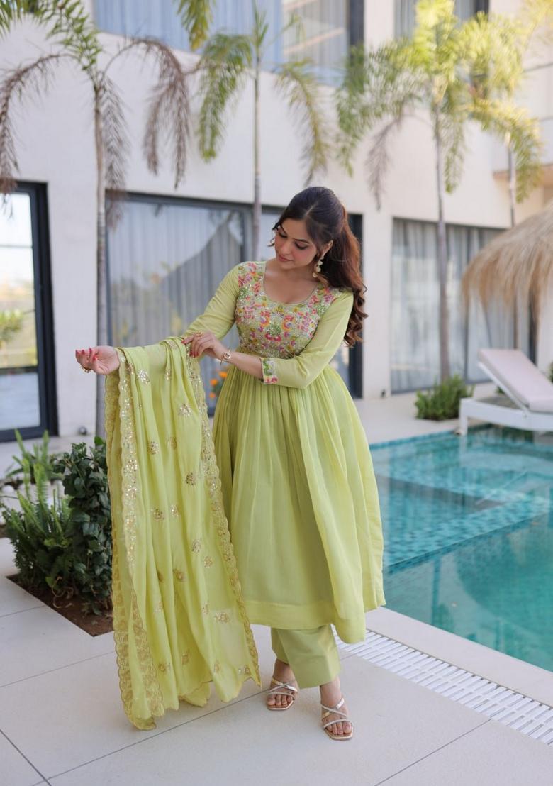 Green Beads Work Silk Kurta Set - Indya