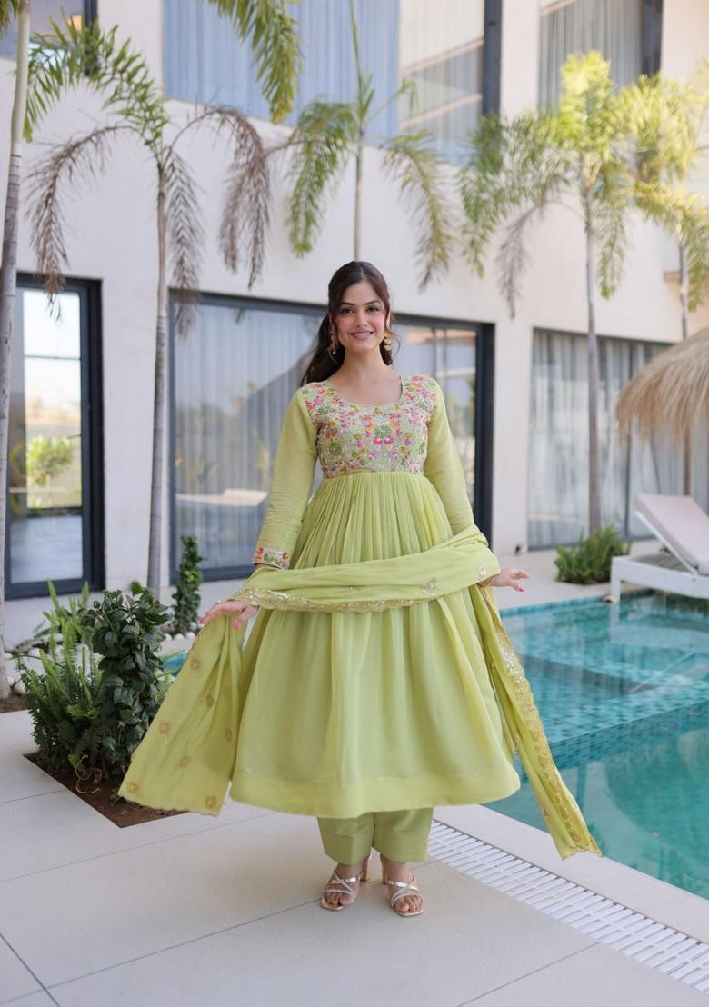 Green Beads Work Silk Kurta Set - Indya
