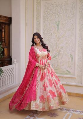 Pink Sequin Work Silk Gown With Dupatta
