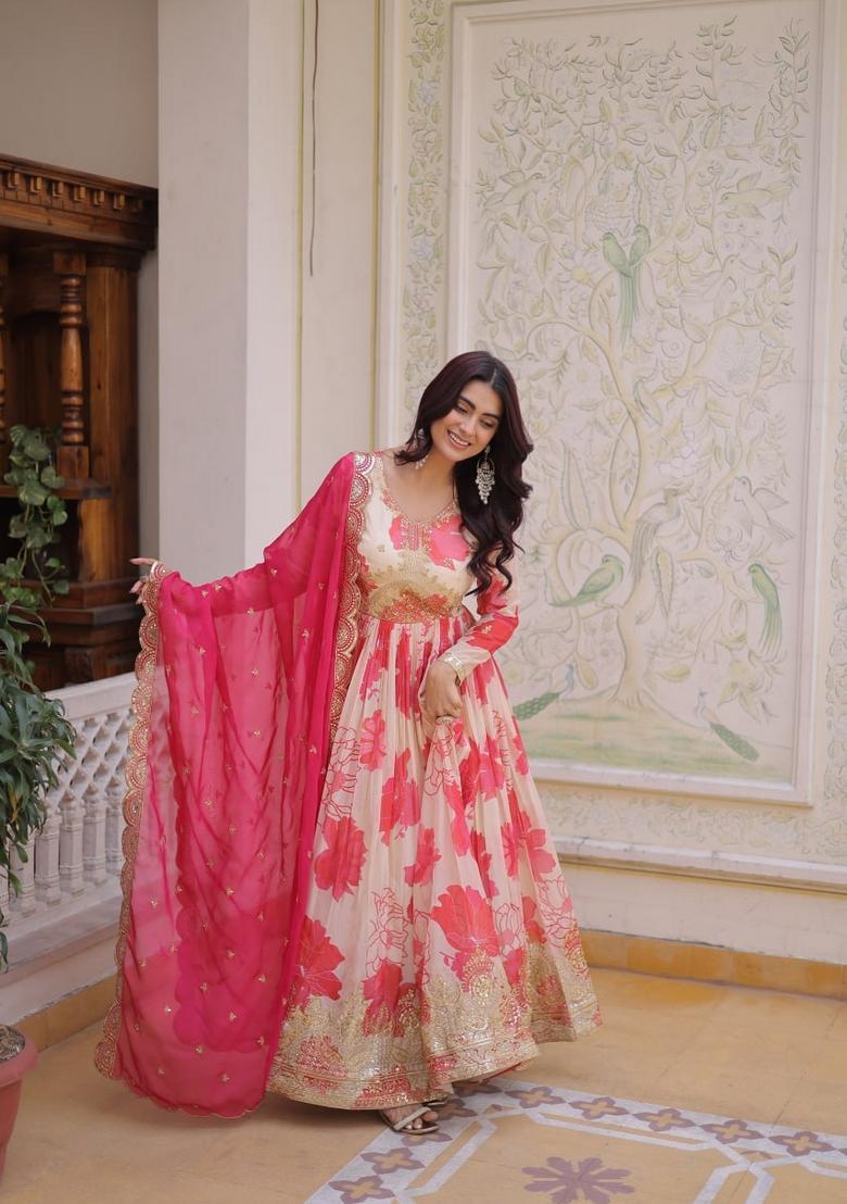 Pink Sequin Work Silk Gown With Dupatta - Indya