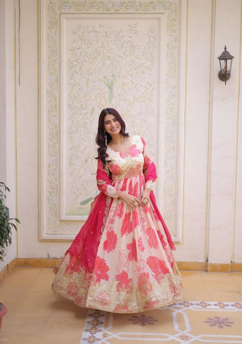 Pink Sequin Work Silk Gown With Dupatta - Indya