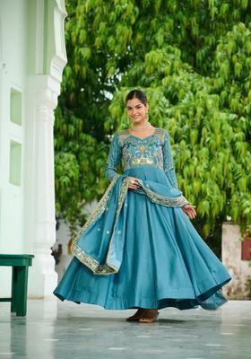 Teal Blue Sequin Work Silk Gown With Dupatta