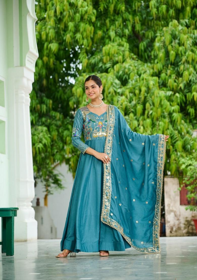 Teal Blue Sequin Work Silk Gown With Dupatta - Indya