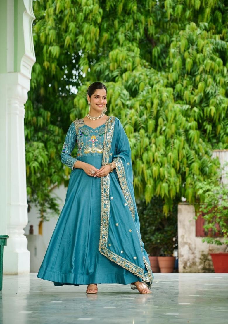 Teal Blue Sequin Work Silk Gown With Dupatta - Indya