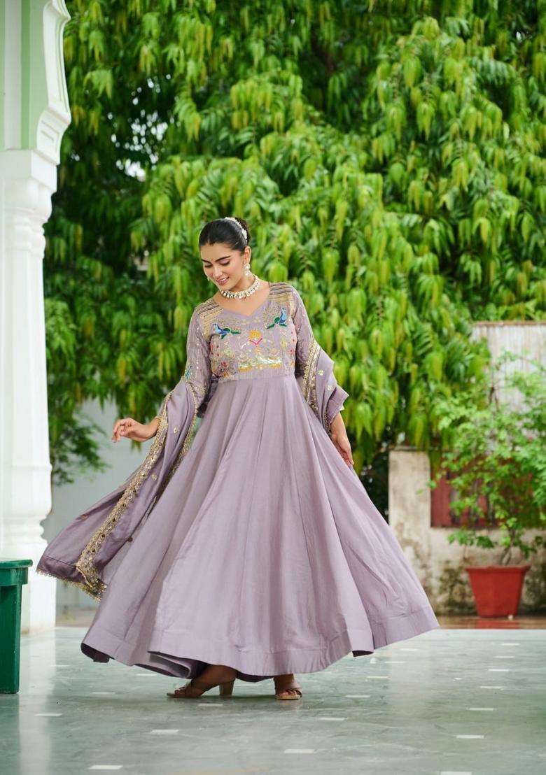 Lavender Sequin Work Silk Gown With Dupatta - Indya