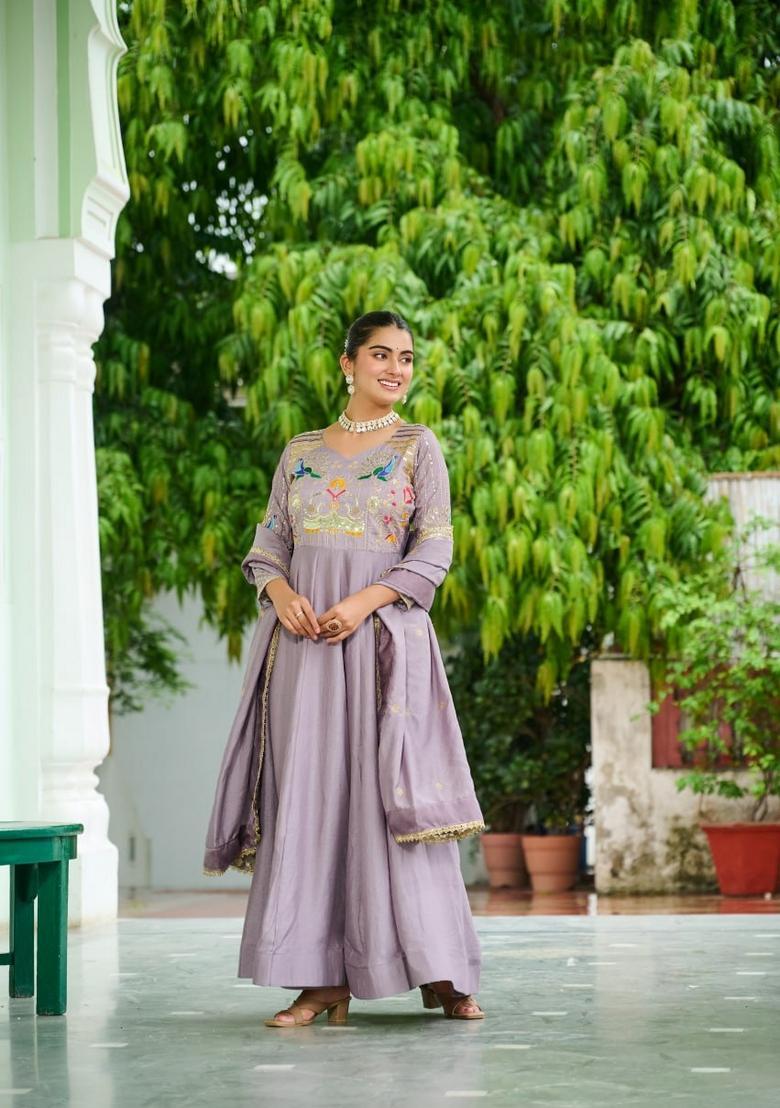 Lavender Sequin Work Silk Gown With Dupatta - Indya