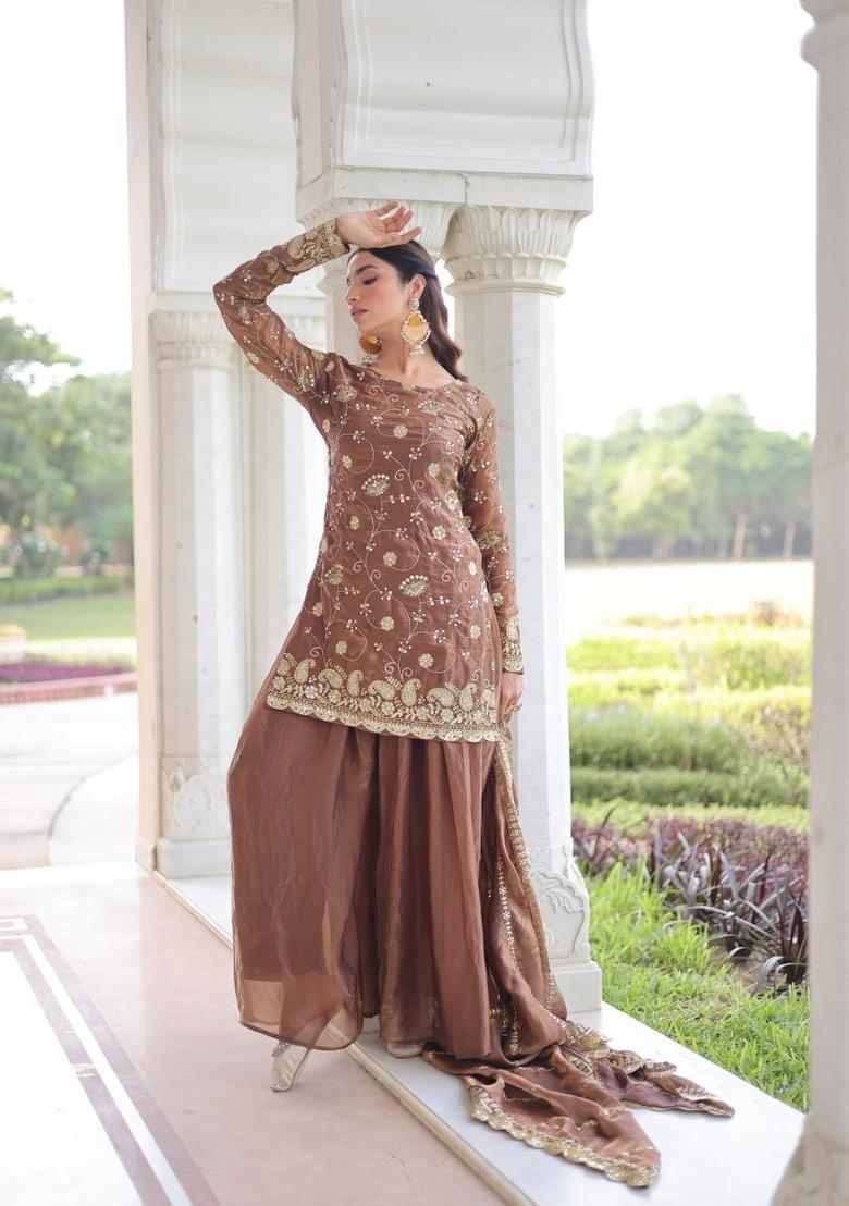 Coffee Sequin Work Silk Kurta Set - Indya