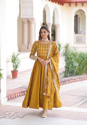 Mustard Sequin Work Silk Gown With Dupatta