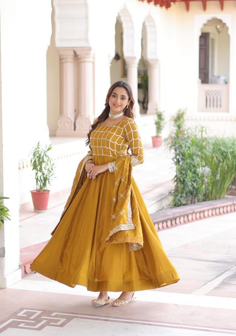 Mustard Sequin Work Silk Gown With Dupatta - Indya