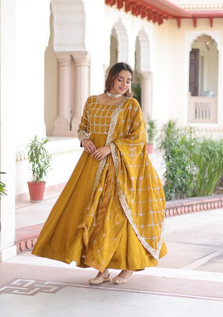 Mustard Sequin Work Silk Gown With Dupatta - Indya