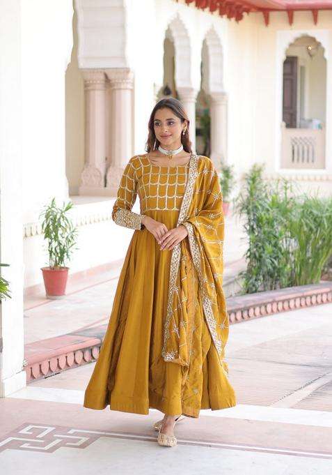 Mustard Sequin Work Silk Gown With Dupatta