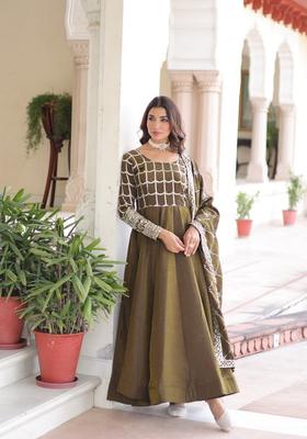 Mehendi Sequin Work Silk Gown With Dupatta