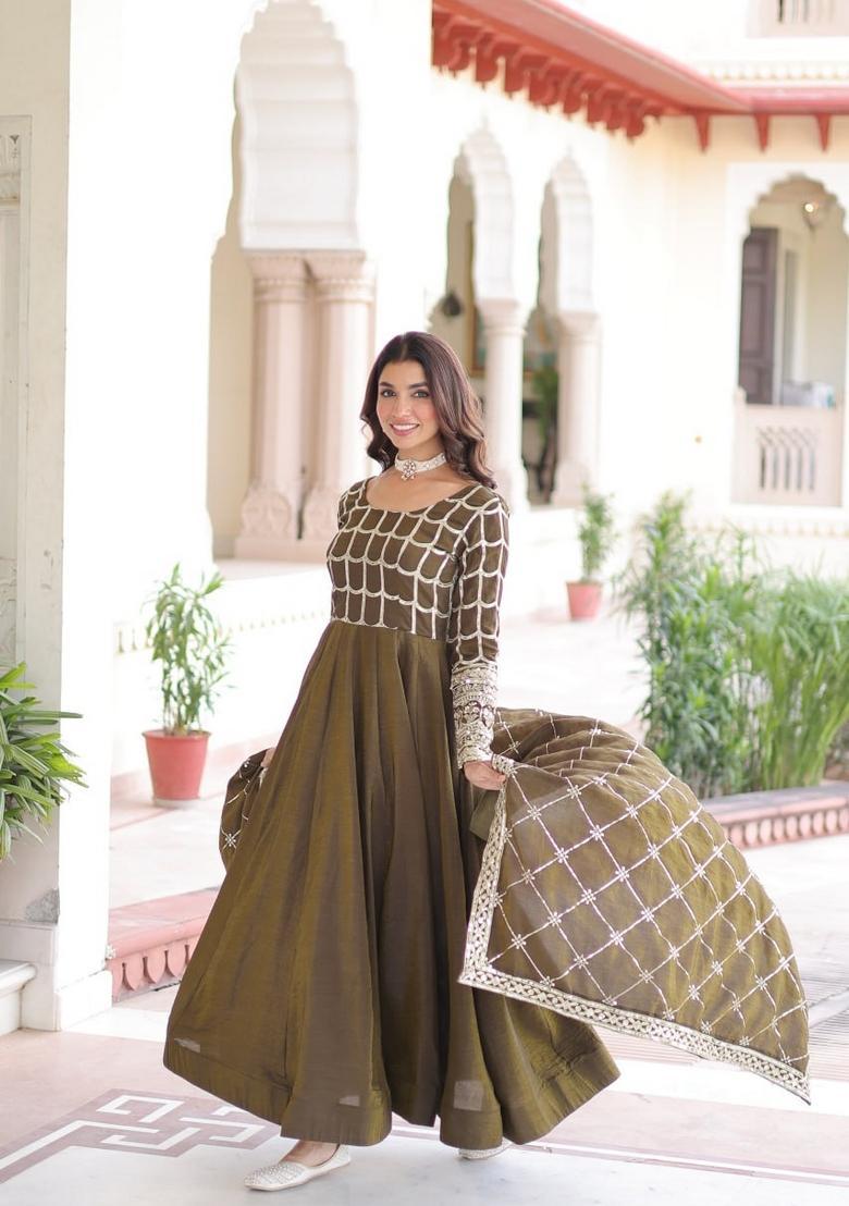 Mehendi Sequin Work Silk Gown With Dupatta - Indya