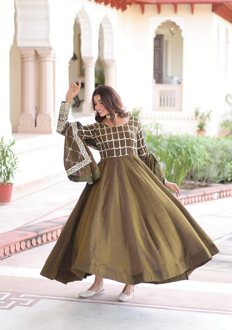 Mehendi Sequin Work Silk Gown With Dupatta - Indya