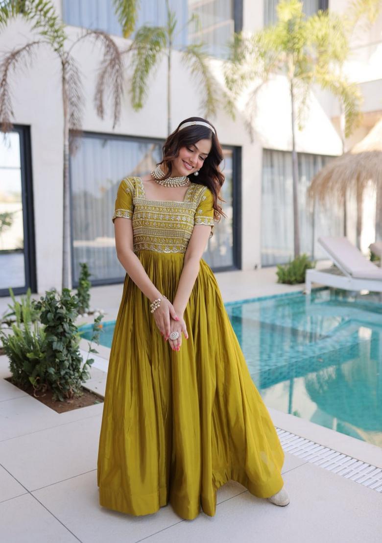 Mehendi Beads Work Silk Gown - Indya