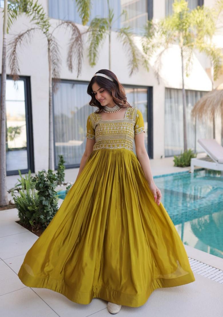 Mehendi Beads Work Silk Gown - Indya
