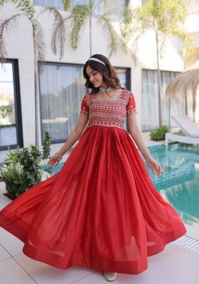 Red Beads Work Silk Gown