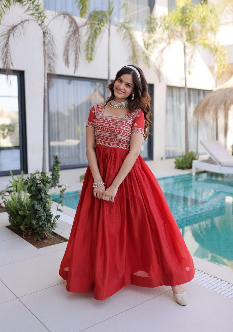 Red Beads Work Silk Gown - Indya