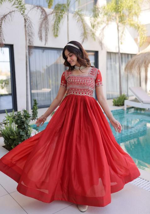 Red Beads Work Silk Gown