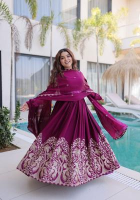 Wine Sequin Work Silk Gown With Dupatta