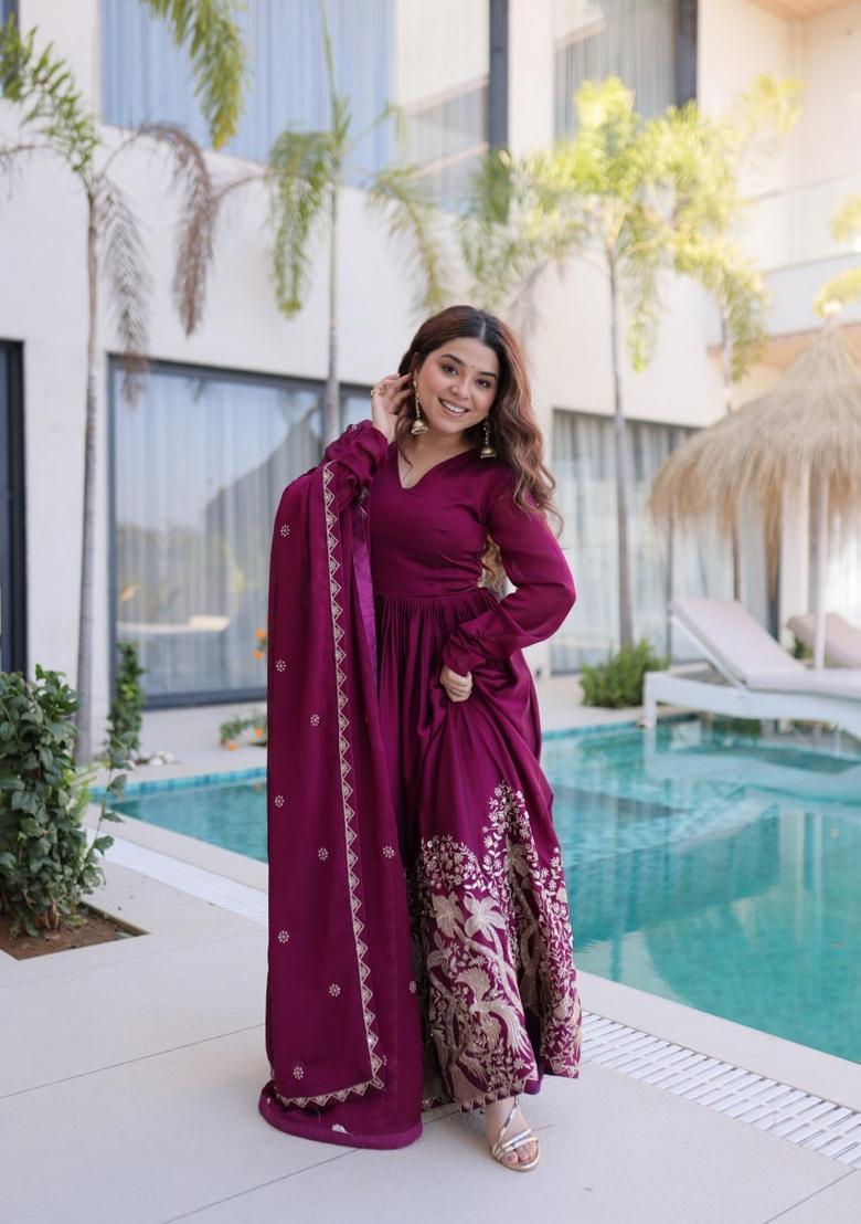 Wine Sequin Work Silk Gown With Dupatta - Indya